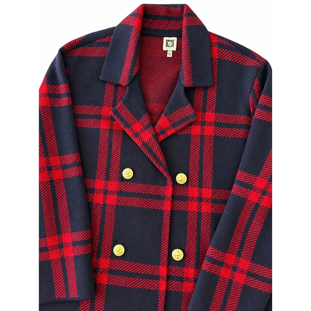 Anne Klein Red Navy Plaid Double Breasted Knit Coat Gold Lion Buttons XL